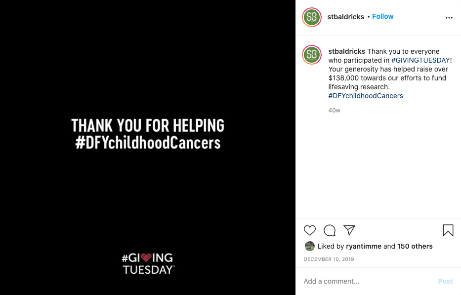 example of nonprofit social media post from st baldricks foundation thanking donors