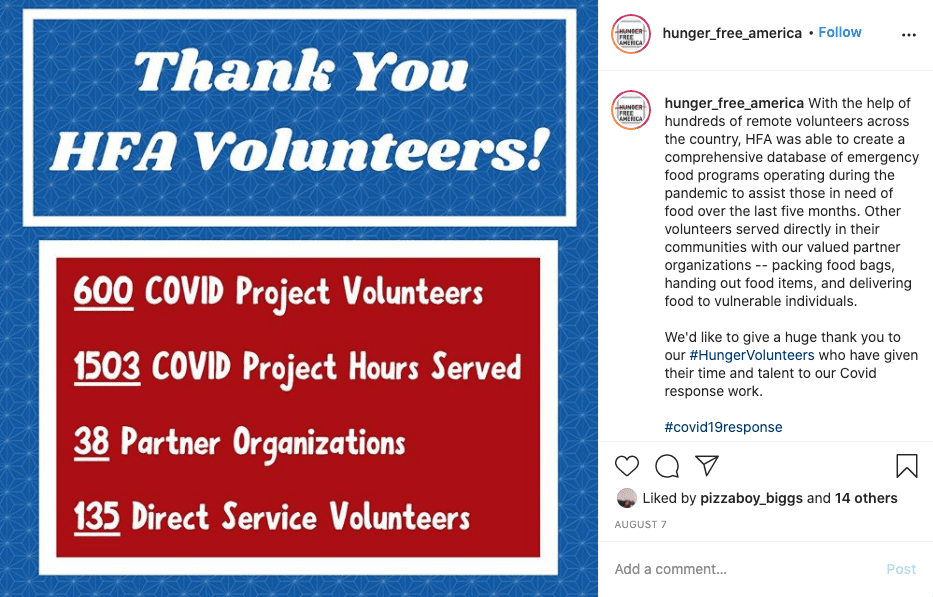 example of nonprofit social media post from hunger free thanking volunteers