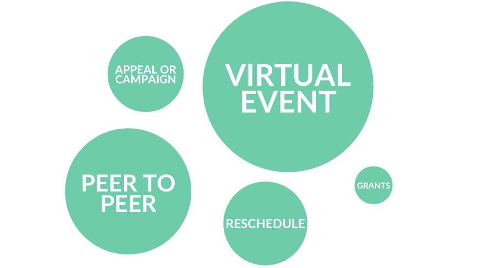 infographic fundraising alternatives to in-person events: virtual events, peer-to-peer campaigns, reschedule in-person event, other appeal/campaign, apply for grants