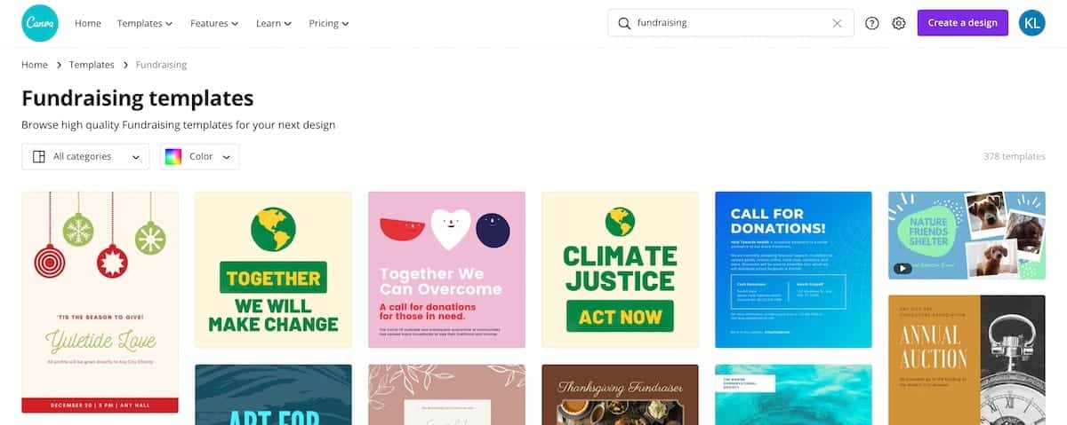 Screenshot of Canva graphic design fundraising templates that you can adapt to create a fundraising thermometer. 