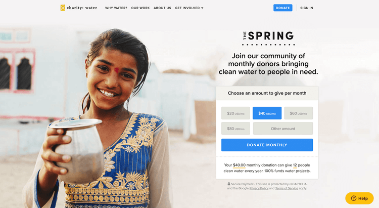 This example from charity: water exemplifies some online fundraising best practices.
