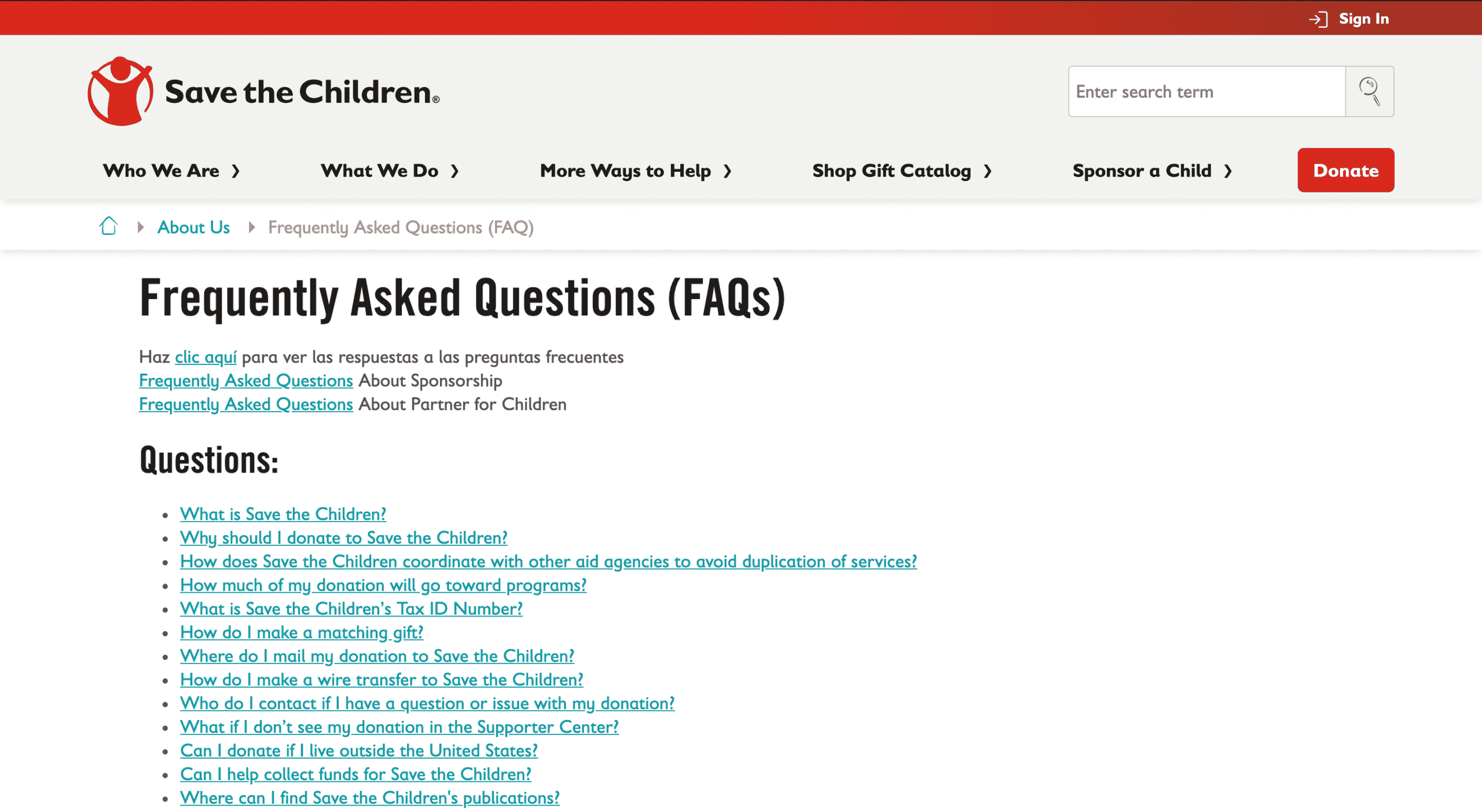 screenshot of shes the first faq page on nonprofit website