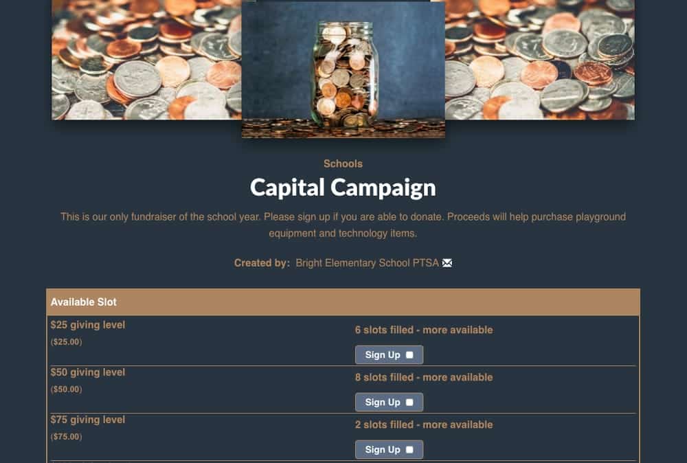 Example of using SignUpGenius to collect donations