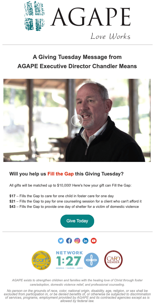 Giving Tuesday email campaign from nonprofit AGAPE Nashville