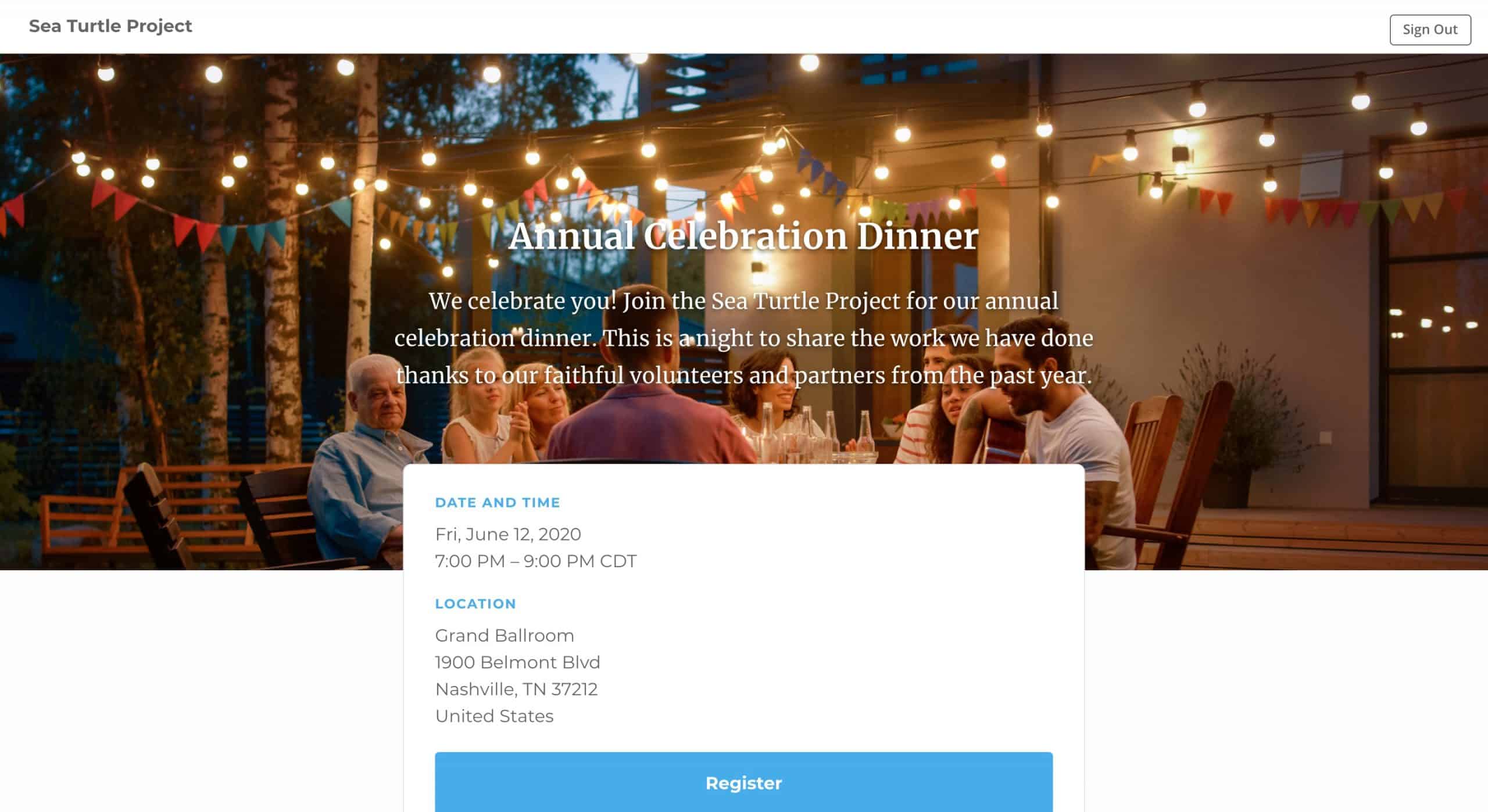 screenshot of kindful event registration landing page