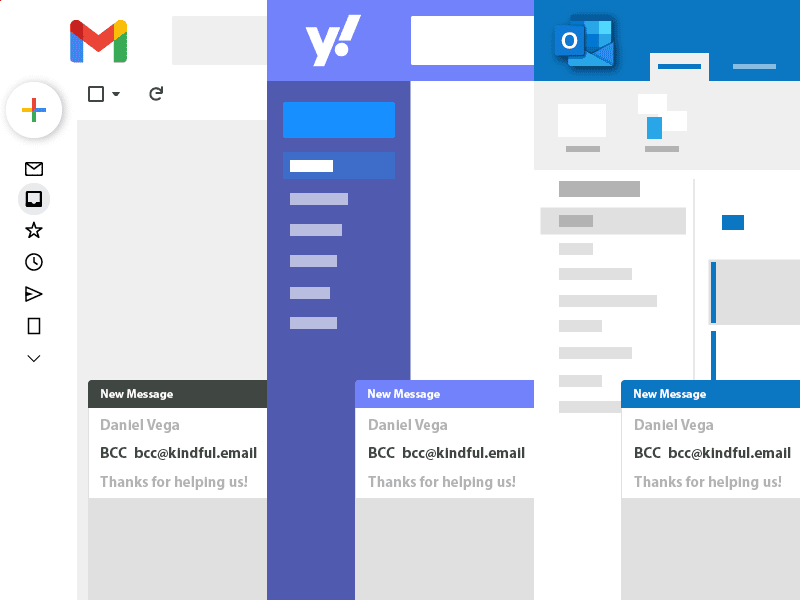 Product image showing Gmail, Yahoo, and Outlook with Kindful BCC functionality