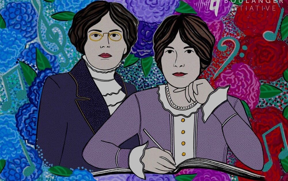 Artist rendering of two women in classical attire with blue, pink, and red flowers and music notes in the background