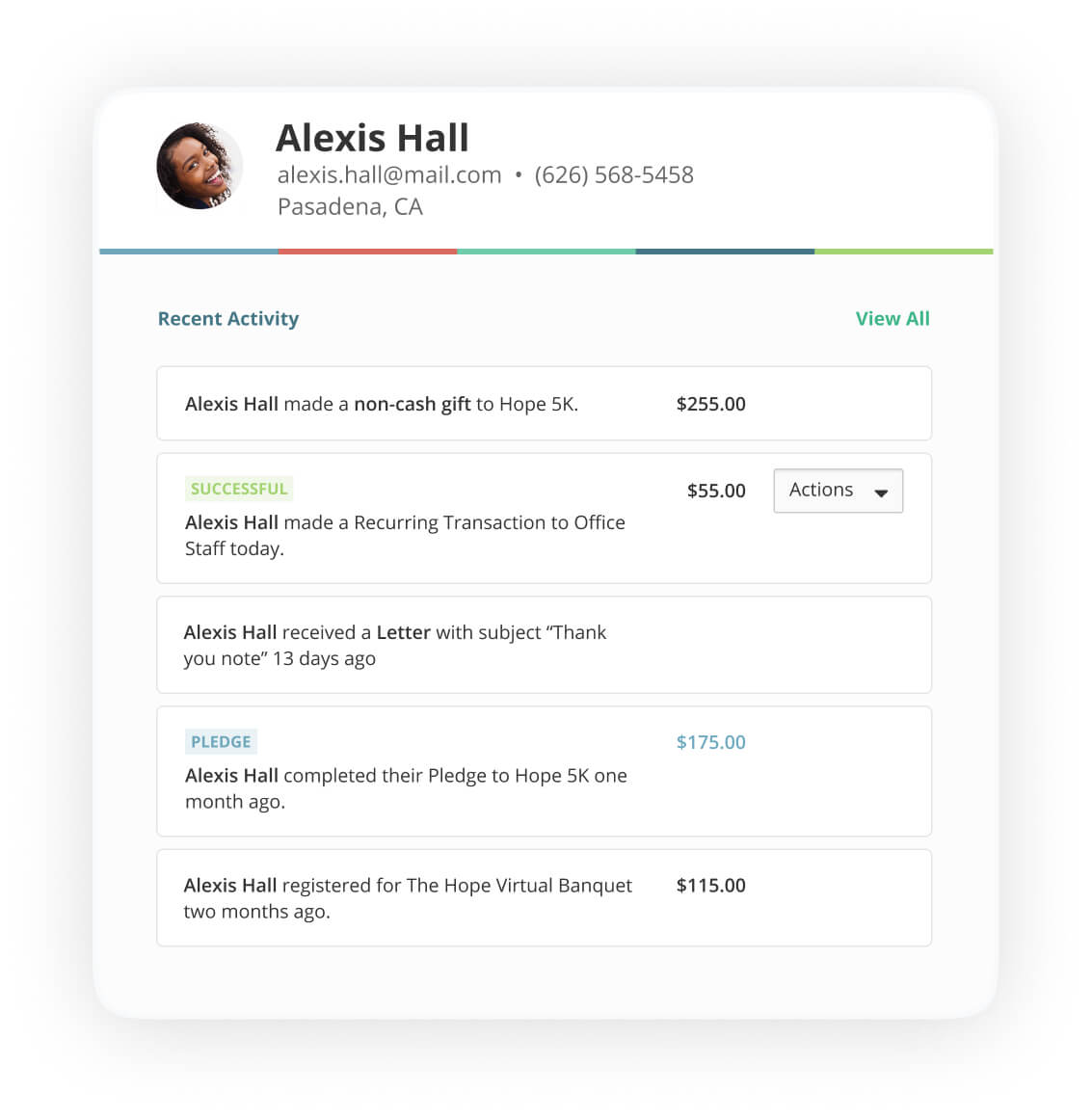 Contact profile of Alexis Hall, showing multiple online donations listed above and below her in-kind donation