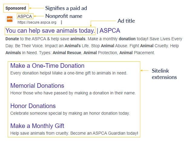 This image shows a paid Google ad for the ASPCA and the different components that make up the ad, such as the title and sitelink extensions.