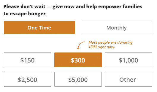 This image shows the CARE online donation form, with the $300 donation suggestion highlighted and a message that says “most people are donating $300 right now.” 