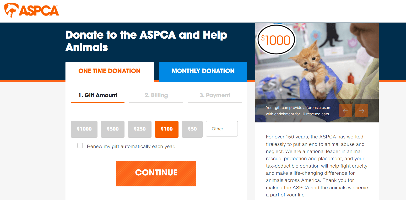 The ASPCA donation page showing the three-step donation process and the rotating carousel of animal images and impact statements