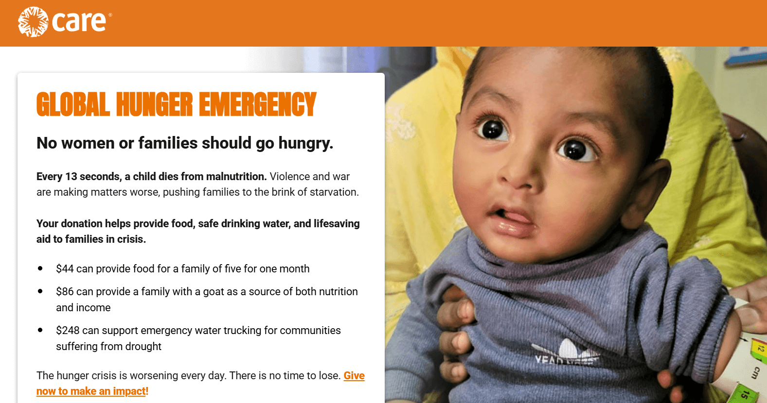 CARE’s donation page, with impact information and a photo of a young child
