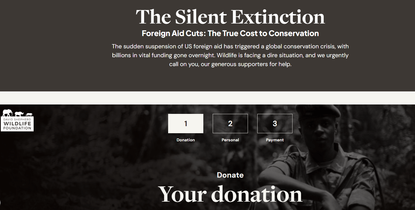 The David Shepherd Wildlife Foundation donation page, showing the three-step giving process