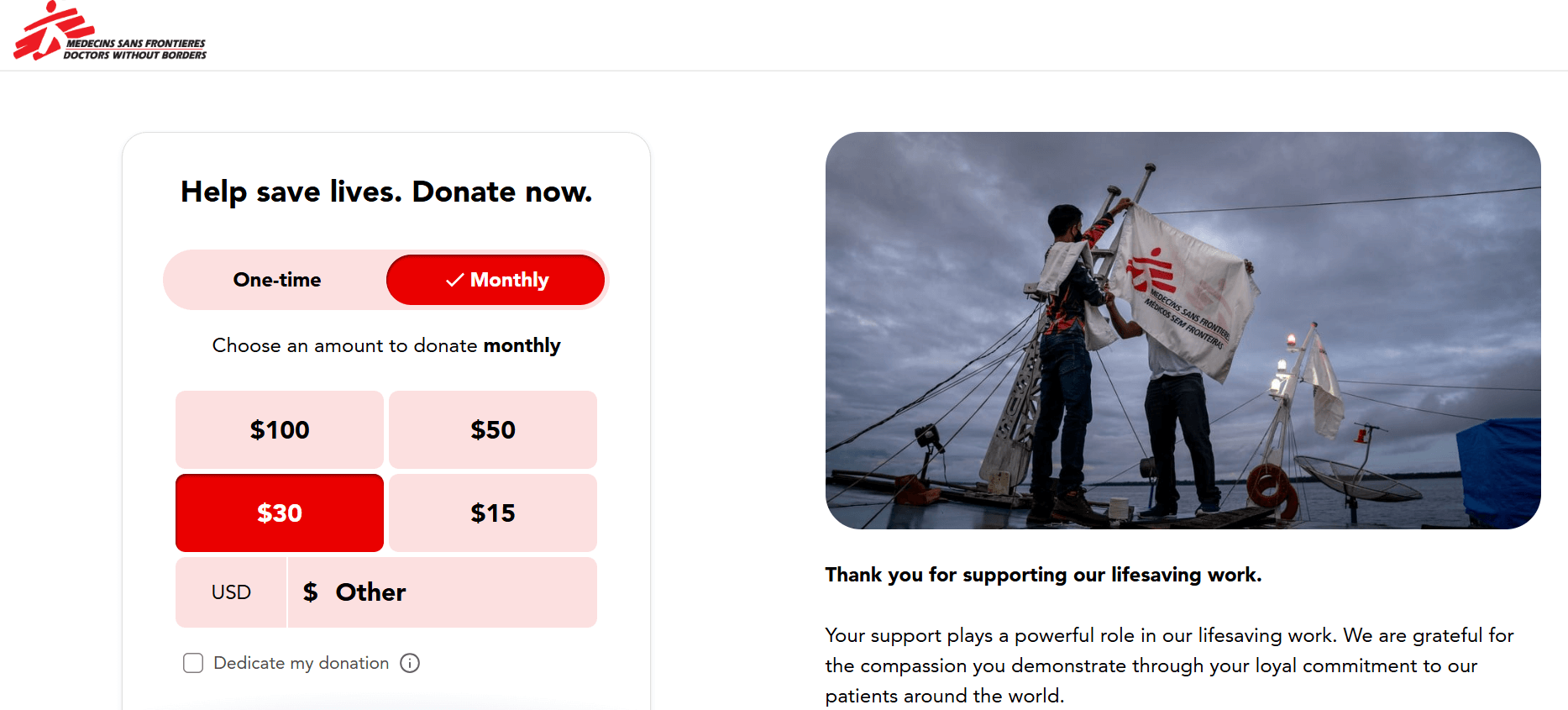 The Doctors Without Borders online donation form, with a gratitude message on the right-hand side