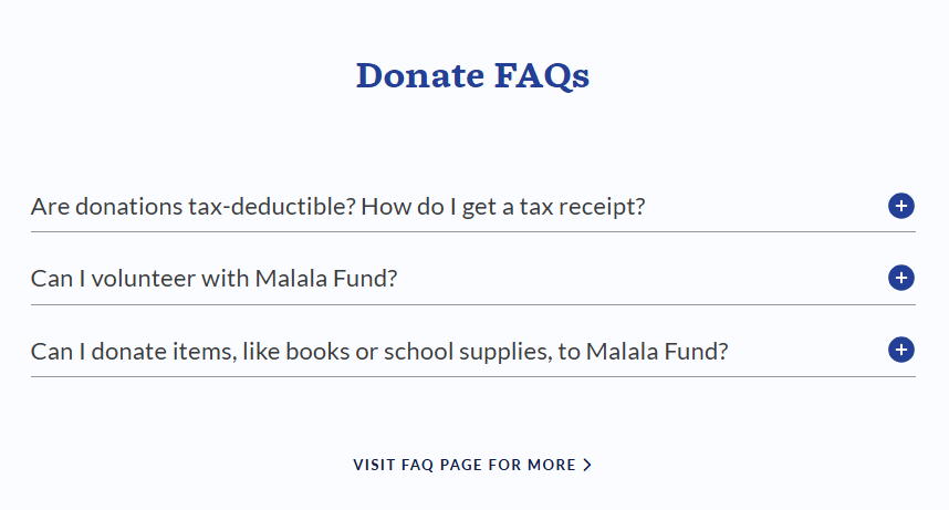 FAQs on the Malala Fund donation page, including “Are donations tax-deductible? How do I get a tax receipt? Can I volunteer with Malala Fund? Can I donate items, like books or school supplies, to Malala Fund?”