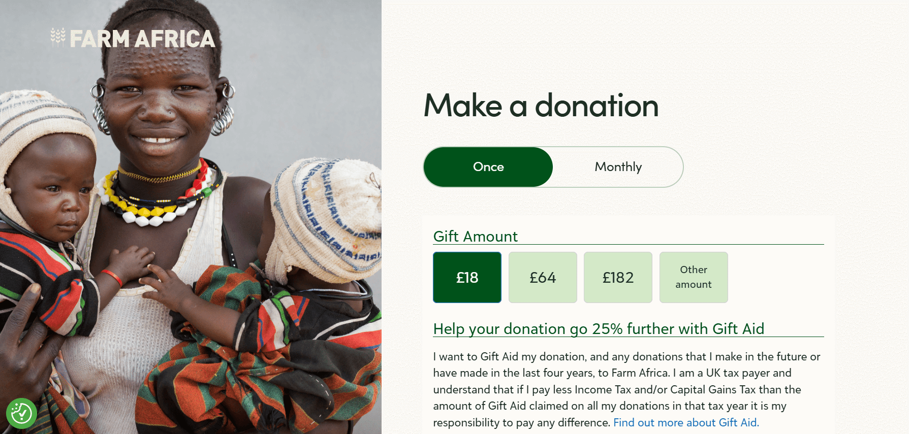 The Farm Africa donation page, with options to give once or monthly and a photo of a mother with two children