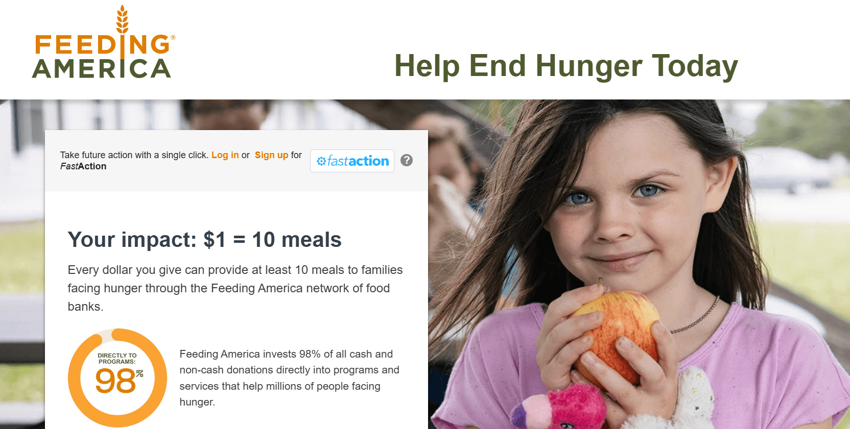 Feeding America’s donation page, showing impact information and a photo of a girl holding an apple
