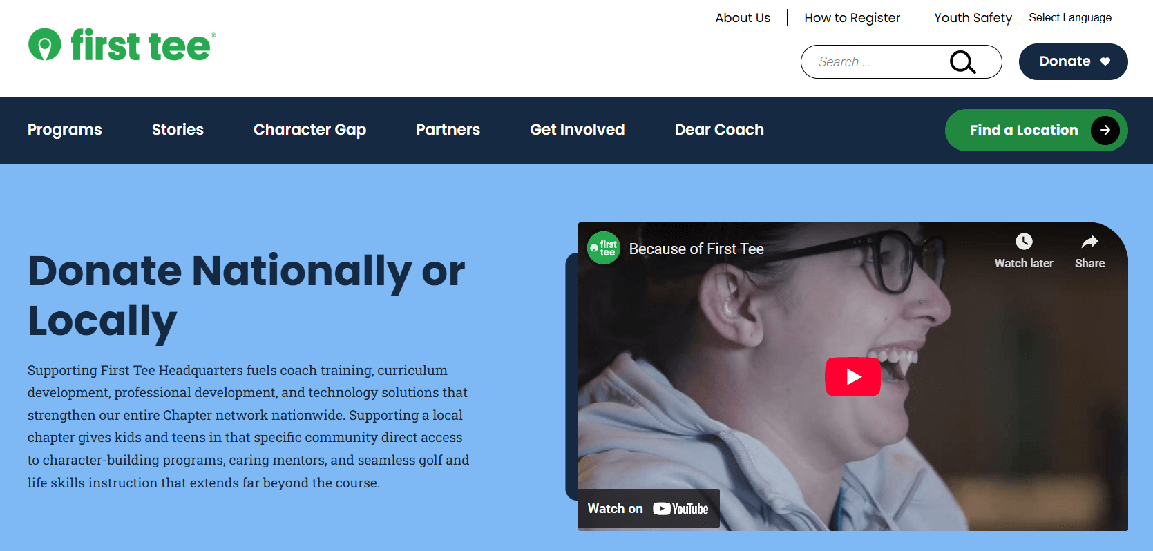 The First Tee donation page, showing a compelling video at the top