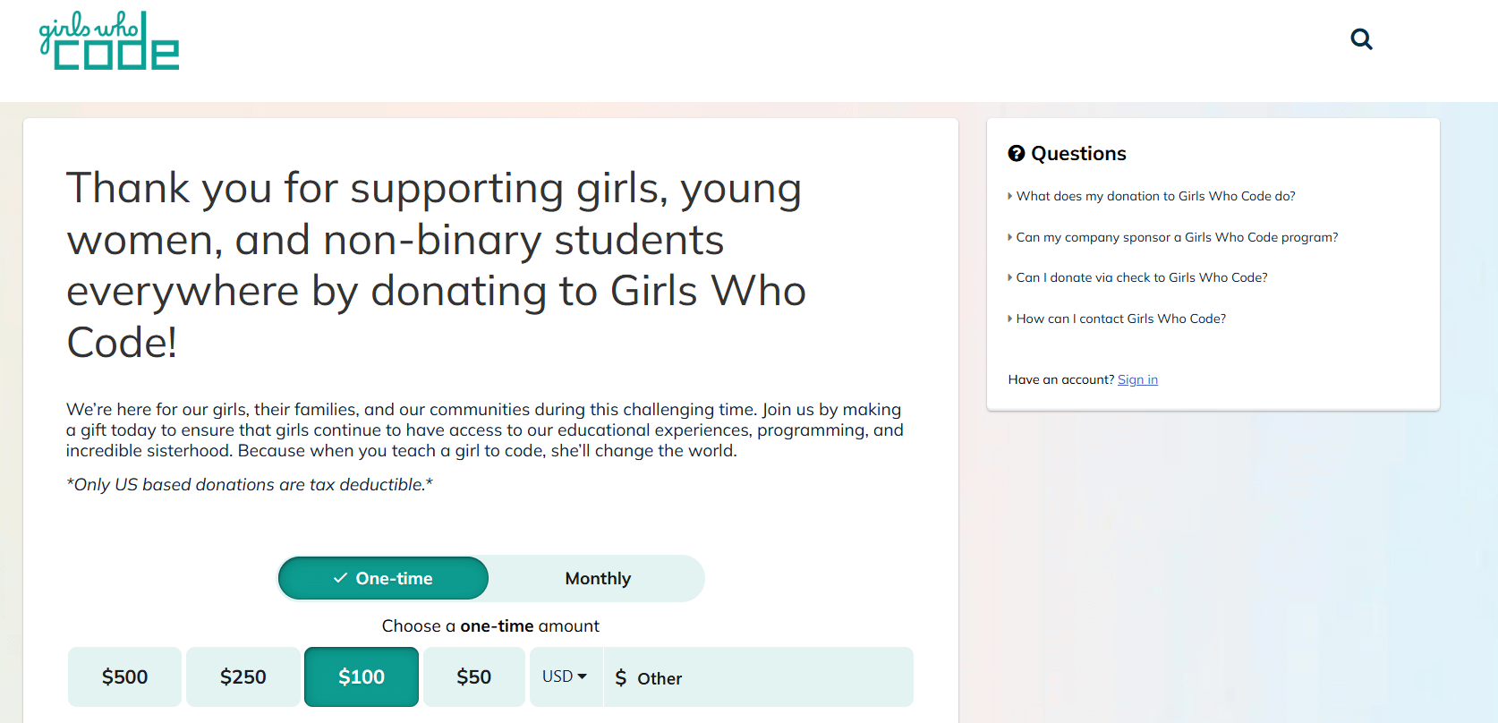 The Girls Who Code donation page, featuring a simple gratitude message, frequently asked questions, and options for one-time or monthly gifts. 