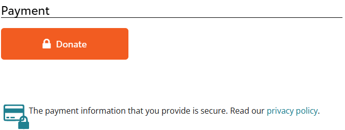 The donation page “Donate” button for the Glacier National Park Conservancy, with a note underneath it saying “The payment information that you provide is secure.” 
