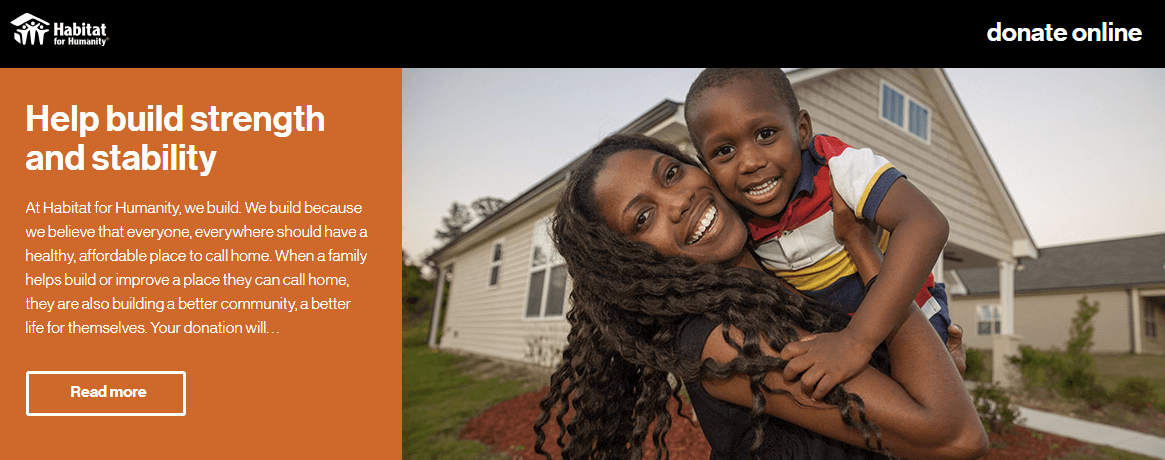 This image shows the Habitat for Humanity donation form. It shows a compelling image of a woman holding a young boy. Both are smiling and looking into the camera. 