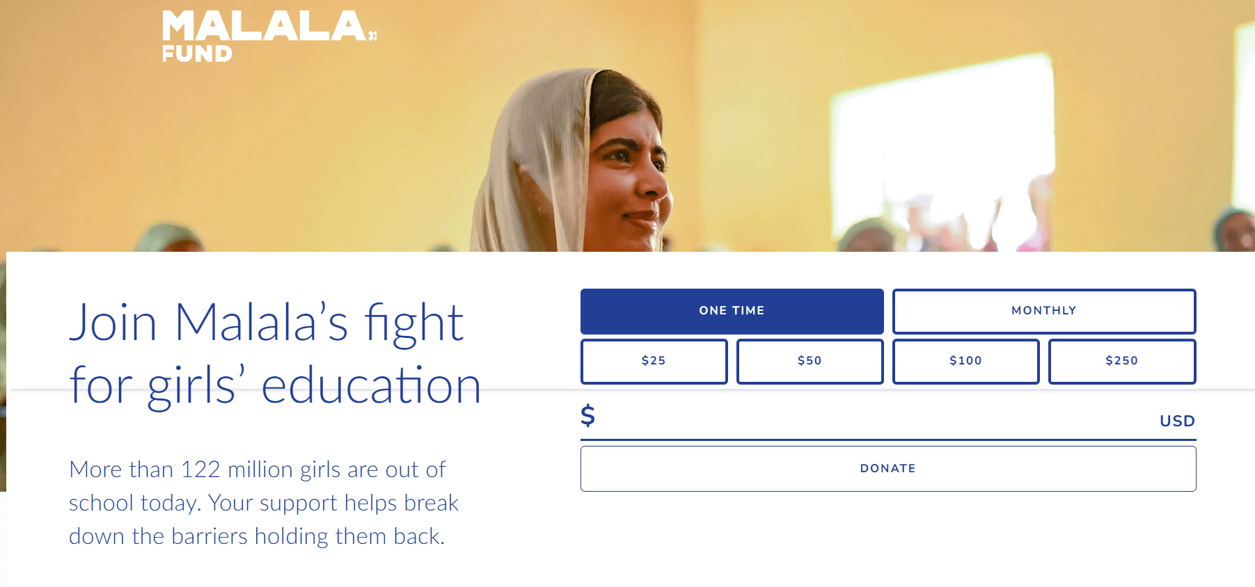 The Malala Fund donation page featuring multiple giving options and a simple look