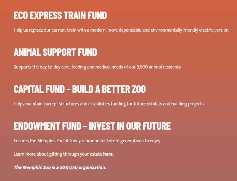 This image shows the Memphis Zoo’s donation page with different options for campaigns to support (listed in the bulleted list below). 