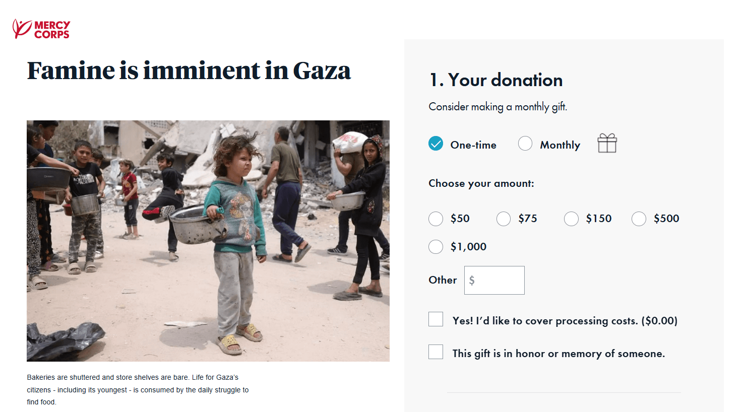 The Mercy Corps donation page showing a side image of a child holding a pot