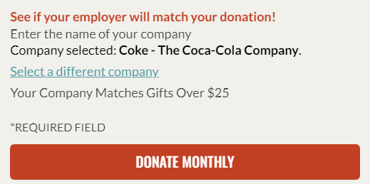 This image shows the Save the Children donation page and its monthly gift database tool. Information about The Coca-Cola Company’s matching gift program is shown (the company matches donations over $25). 