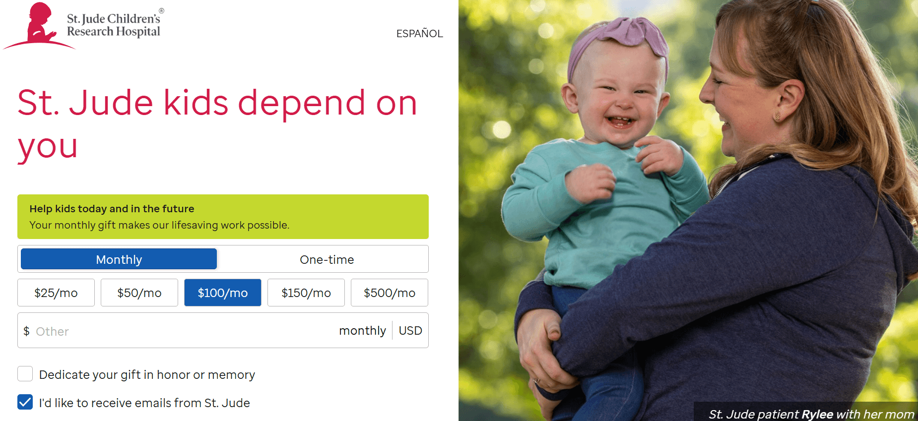 Screenshot of the St. Jude donation page