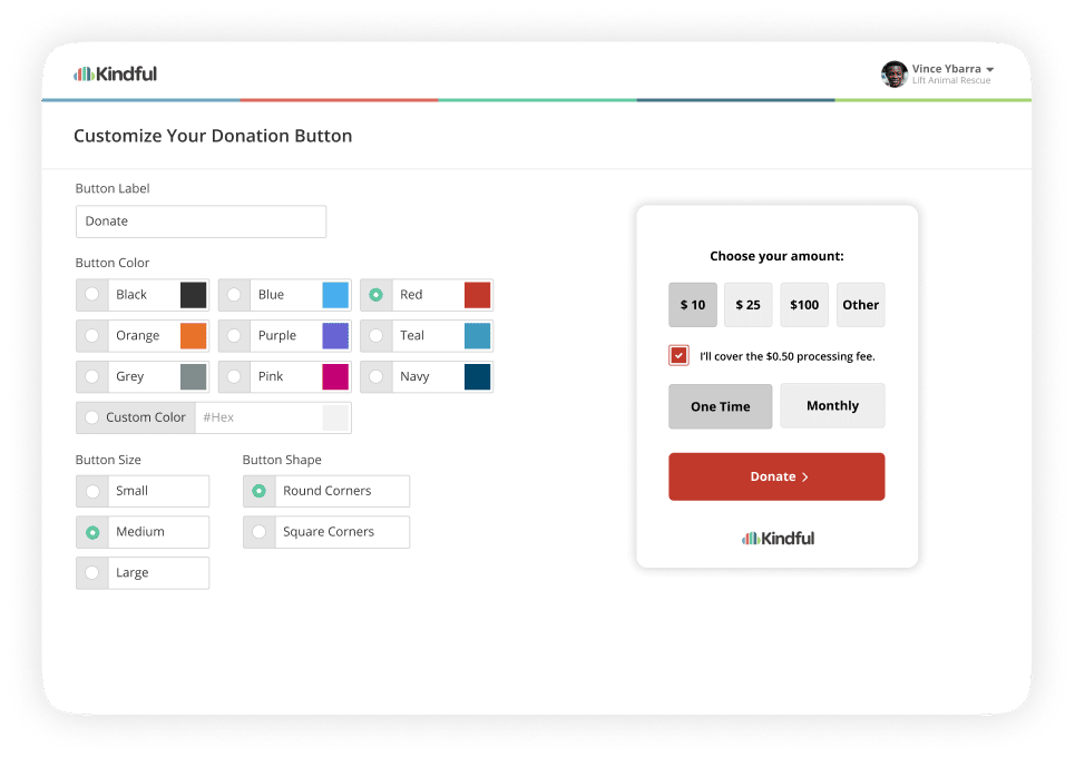Screenshot of Kindful donation button builder with customizable options for the text, color, and button format.
