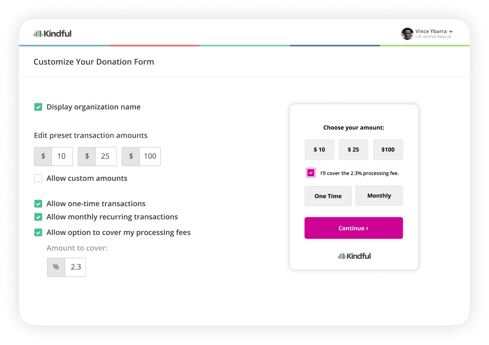Screenshot of Kindful donation form builder with customizable options for suggested donation amounts, recurring giving option, and donor-covered processing fee.