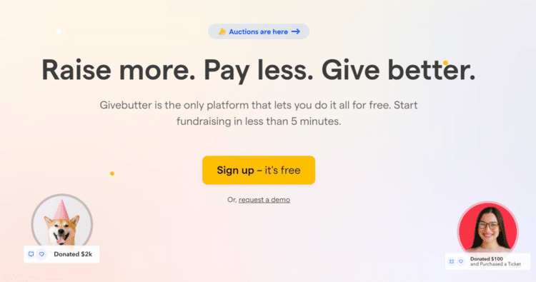 This screenshot shows the homepage for Givebutter, a fundraising and donor database solution. 