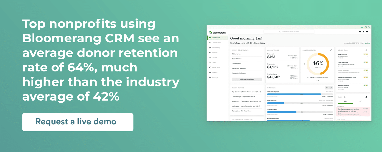 Top nonprofits using Bloomerang CRM see an average donor retention rate of 64%, much higher than the industry average of 42%. Request a live demo here.
