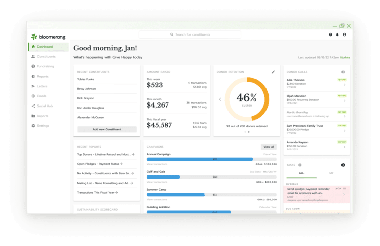 This image shows Bloomerang’s donor management software platform.