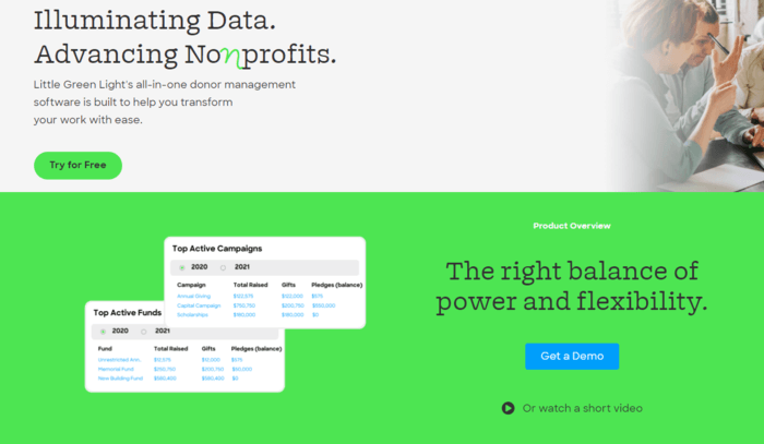 This image shows the homepage for Little Green Light, a nonprofit donor management software solution.