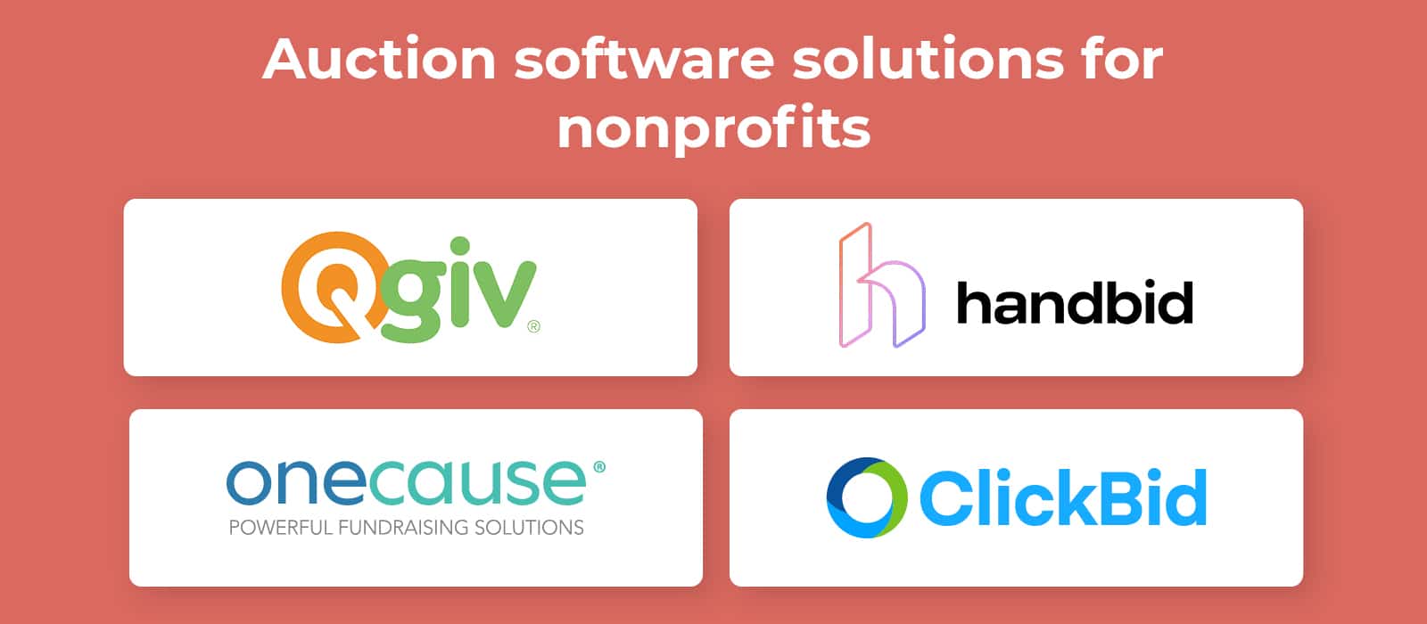 Logos for the auction software options for nonprofits, listed below