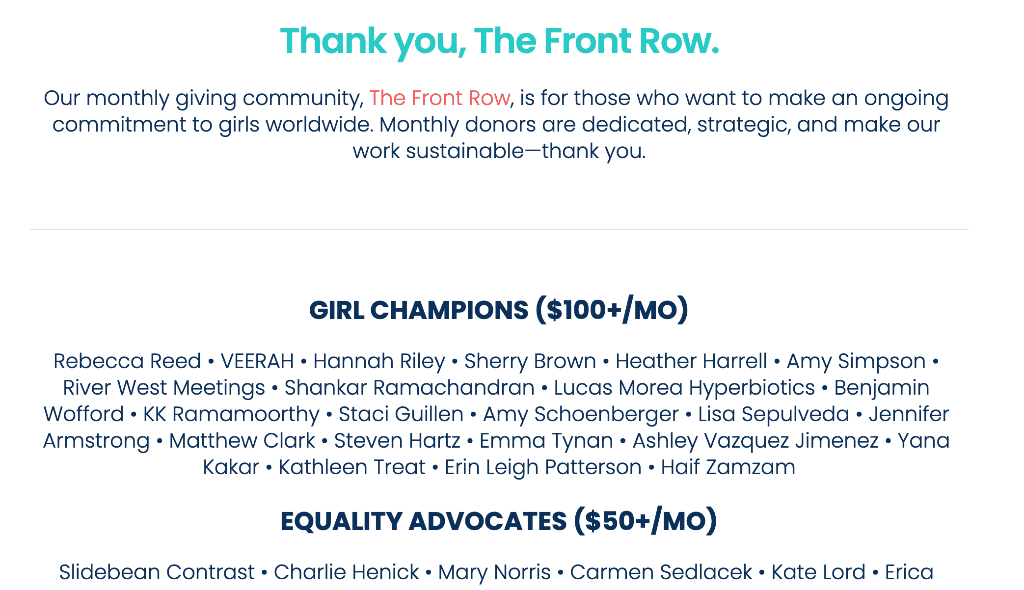 Screenshot showing donor level names for The Front Row monthly giving program
