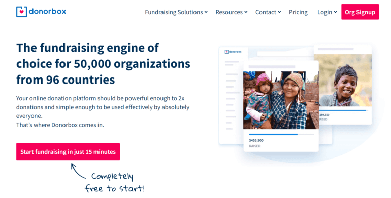 This image shows a screenshot of the Donorbox homepage, with text that describes this fundraising software.