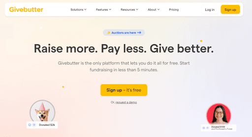 This screenshot shows the homepage for Givebutter, one of the top fundraising software solutions available. 