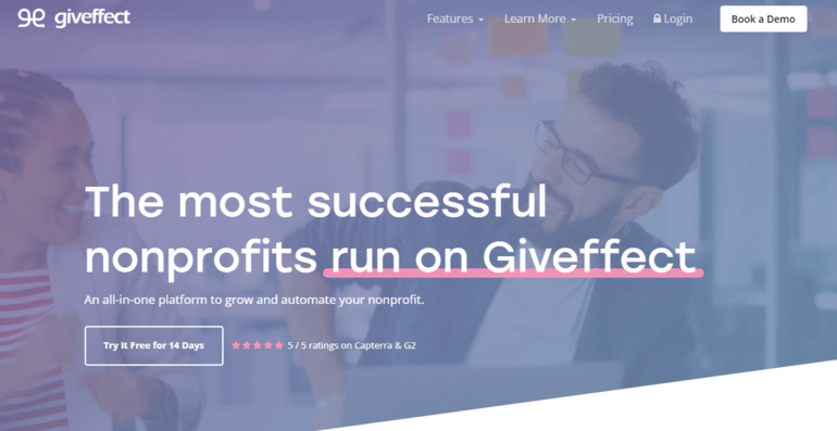 This screenshot shows the homepage for Gvieffect, a top nonprofit fundraising platform.