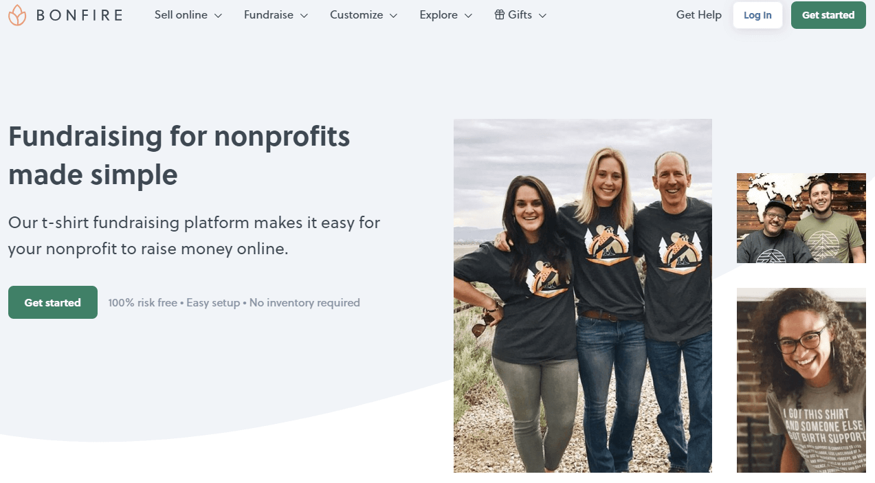 Screenshot of the homepage for Bonfire, an online merchandise fundraising platform