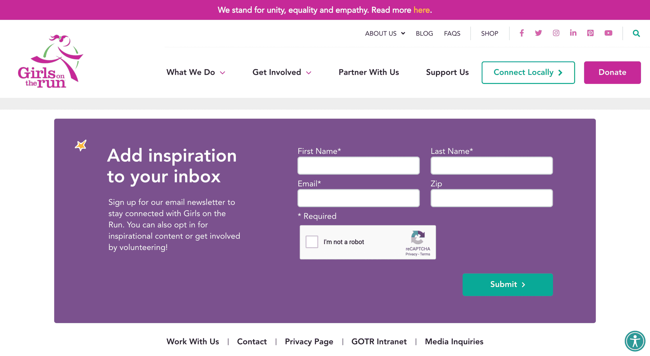 nonprofit website with email signup box