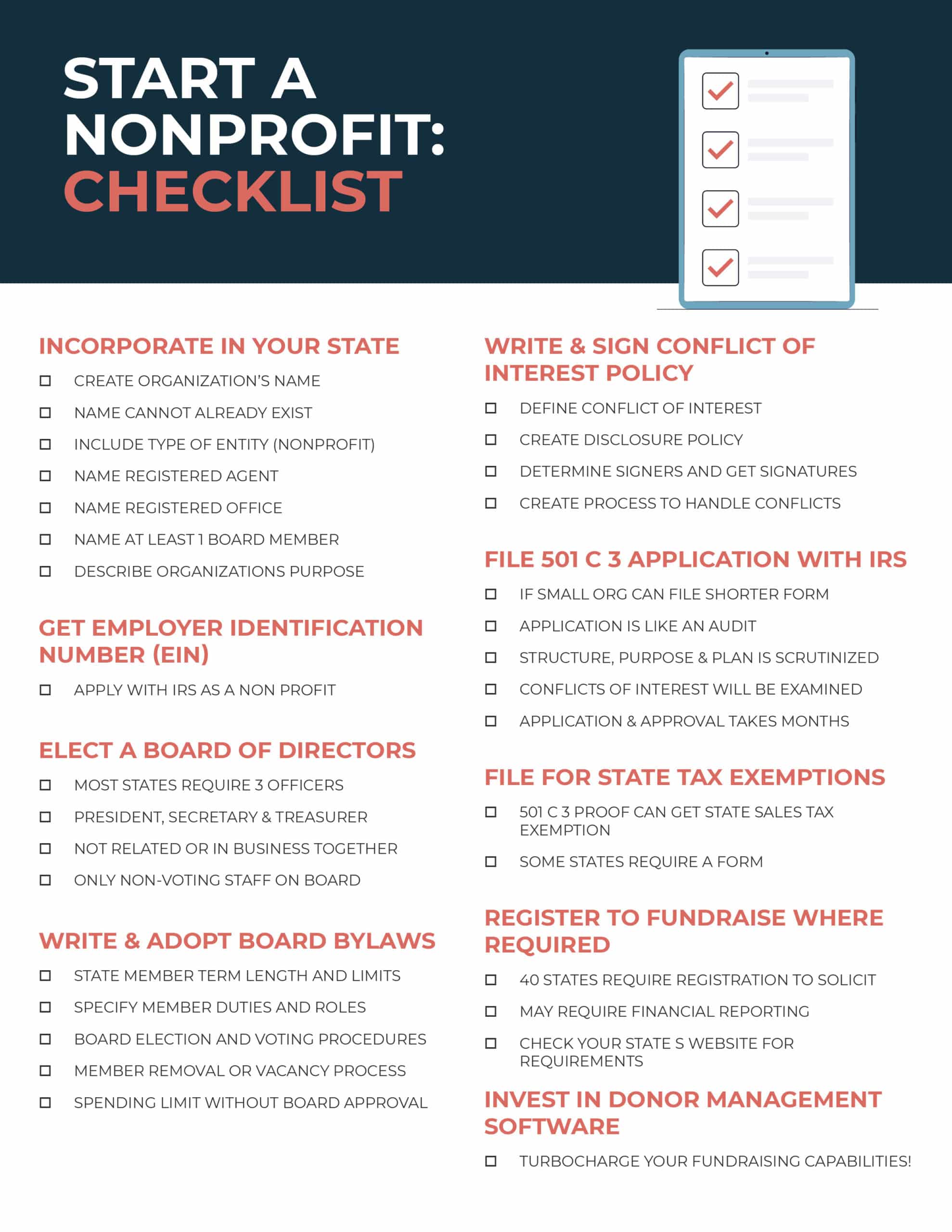 This image shows the steps of starting a nonprofit (outlined in the sections below). 