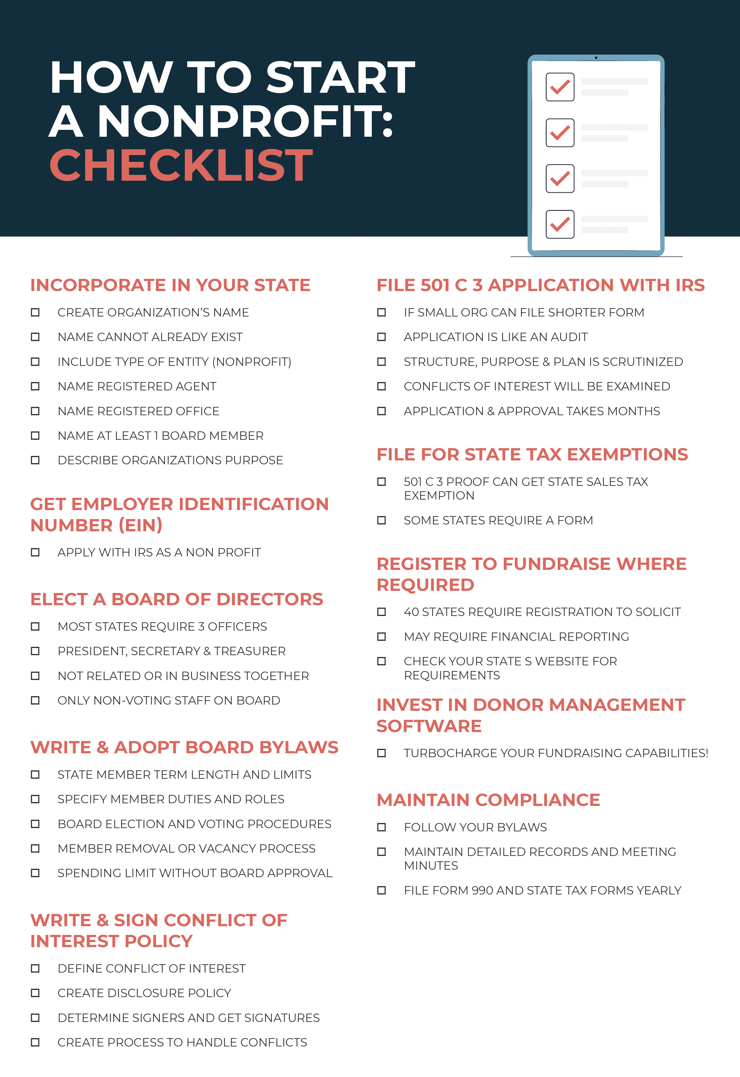 Checklist of steps for starting a nonprofit (described in the sections below)