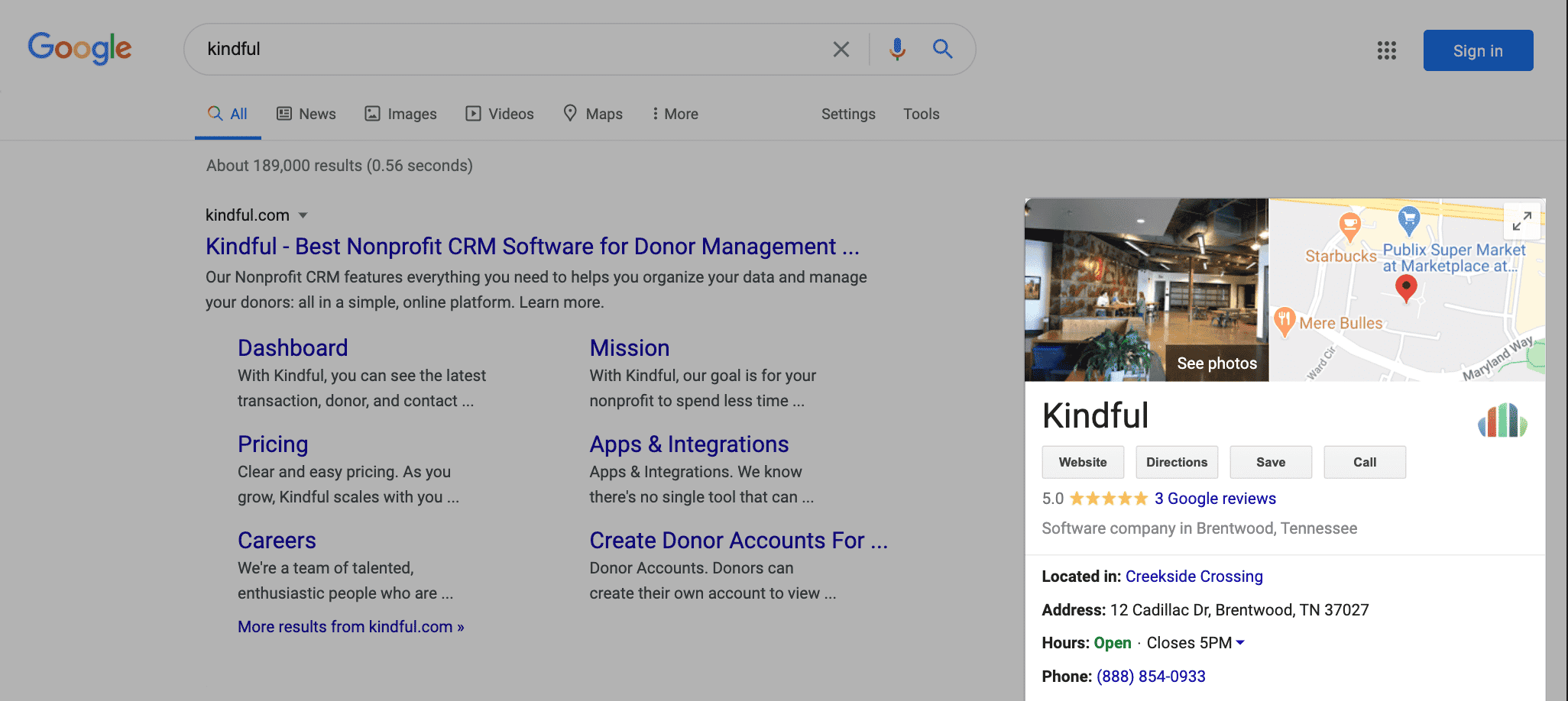 example of a google knowledge panel with contact information