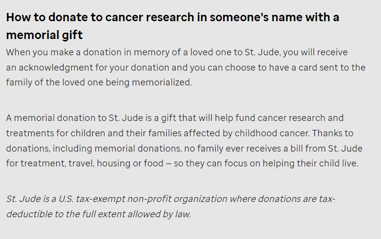 The St. Jude memorial donations information page spotlights how the organization uses donations. 