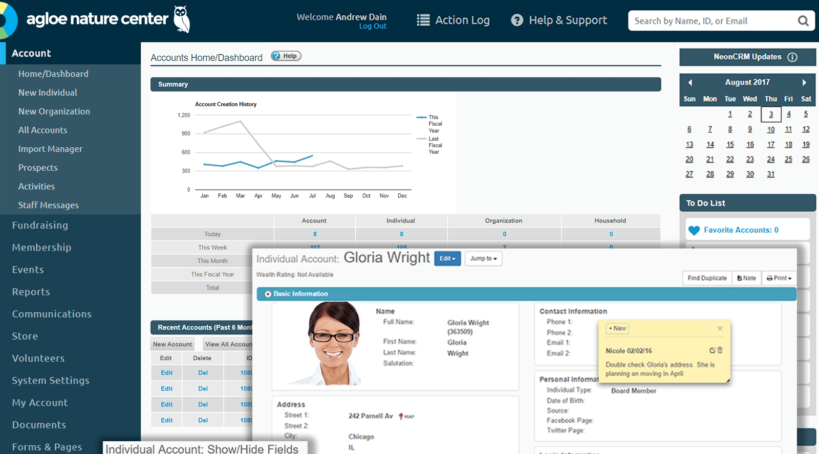 image of neoncrm for nonprofits dashboard