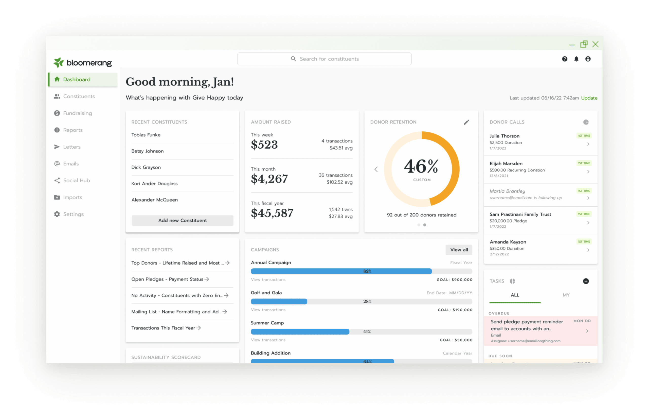 This is an example of a dashboard view in Bloomerang’s nonprofit CRM. 