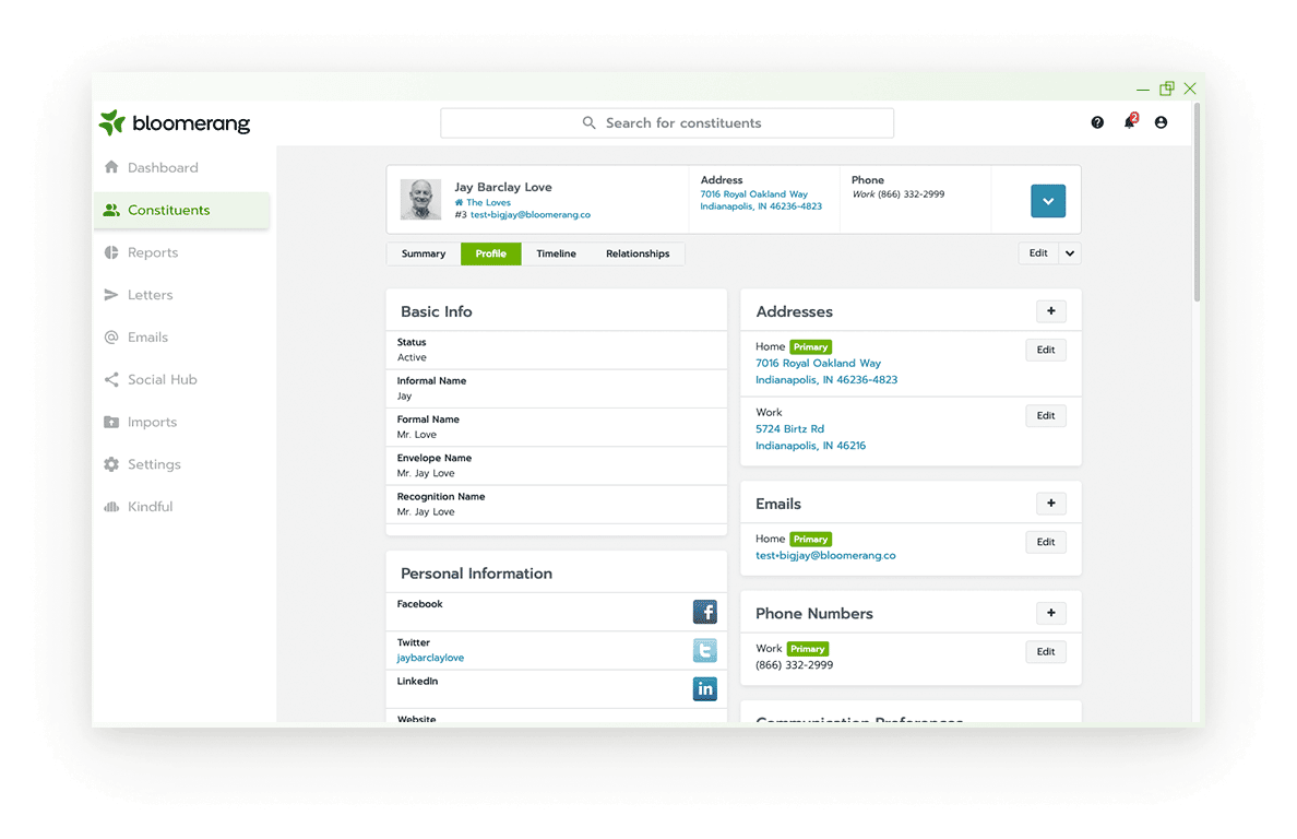 This is an example of what a donor profile looks like in Bloomerang’s nonprofit CRM. 